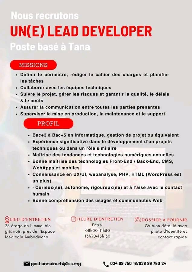 Recrutement pour le poste de Lead Developer (H/F)